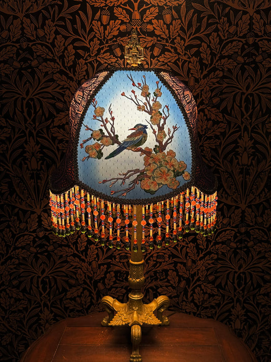Multicolored Bird & Cherry Blossom "Jon" Lampshade with Hand-Beaded Fringe