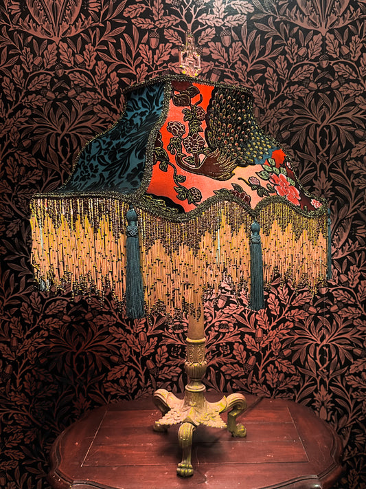 Winter 2025-26 Collection: Vermillion, Teal & Gold Peacock "Large Magic Carpet" Lampshade