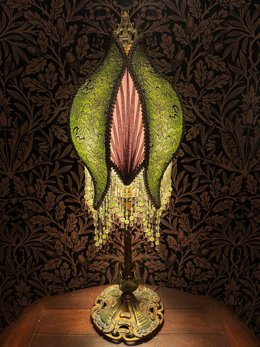 Pastel Green, Mulberry & Gold "Tulip Bulb" Lampshade with Hand-Beaded Fringe