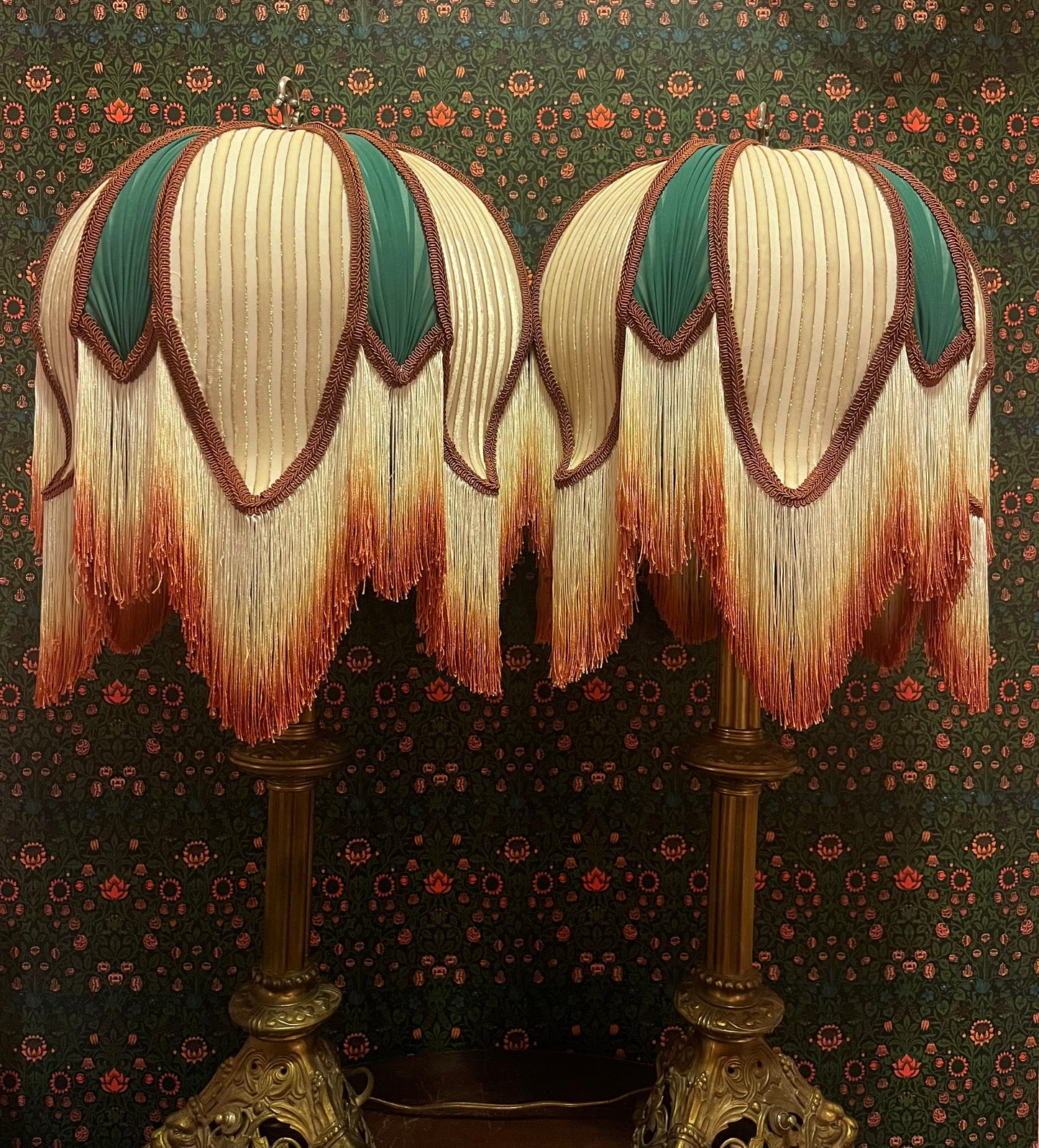 Cream, Rust & Sea Green Striped Lampshade Pair