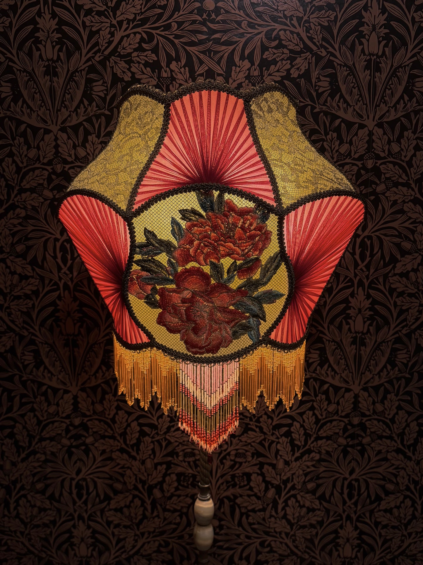 Spring Green, Red, Pink & Gold Pleated Peony Lampshade