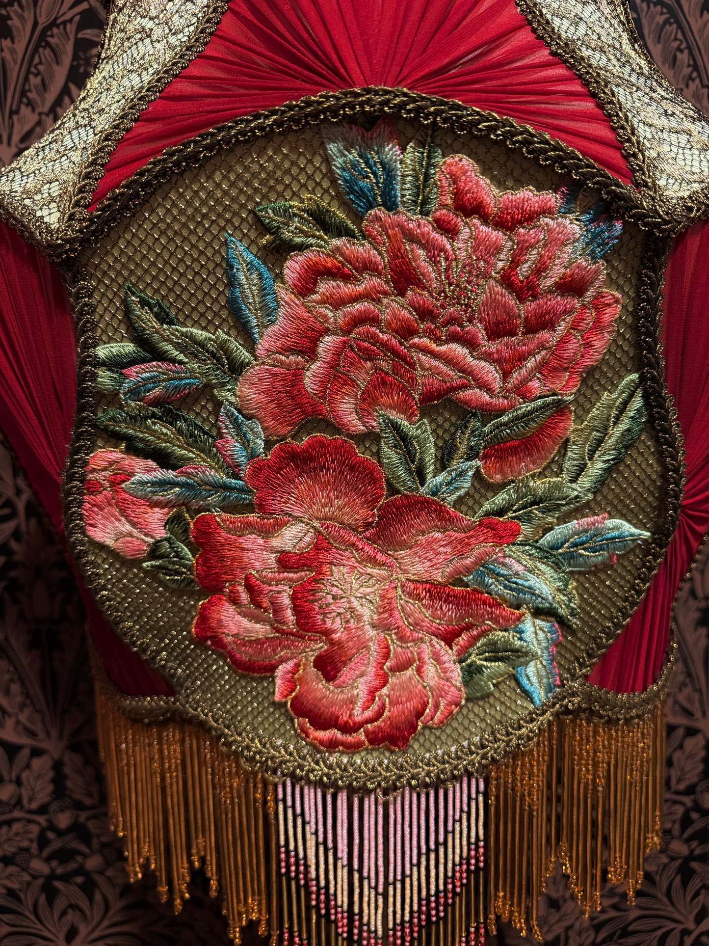 Spring Green, Red, Pink & Gold Pleated Peony Lampshade