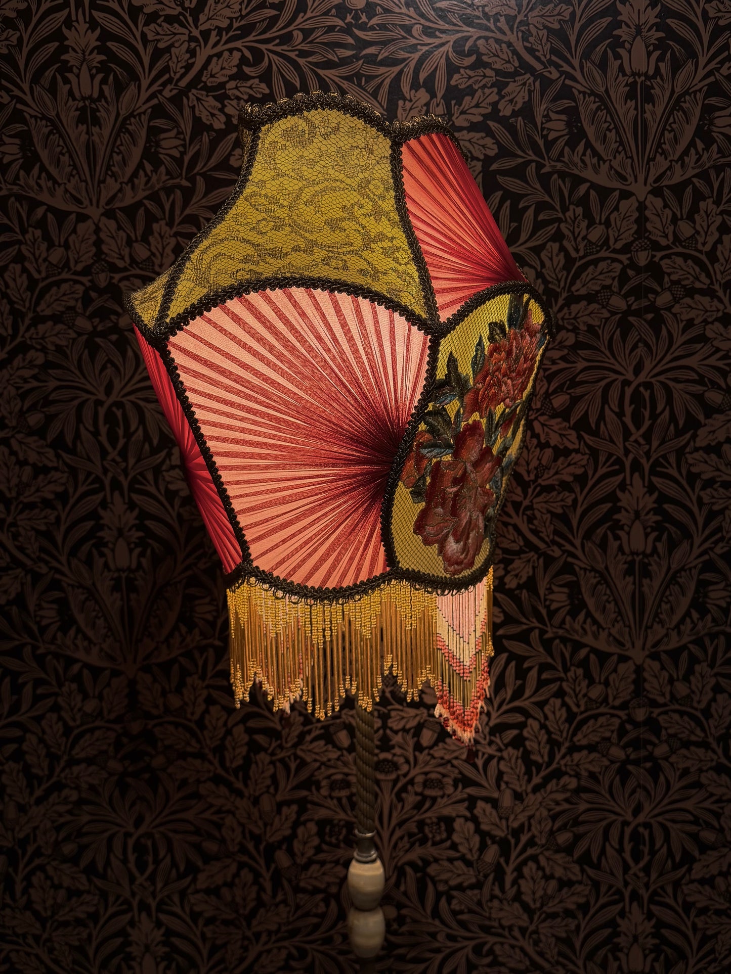 Spring Green, Red, Pink & Gold Pleated Peony Lampshade