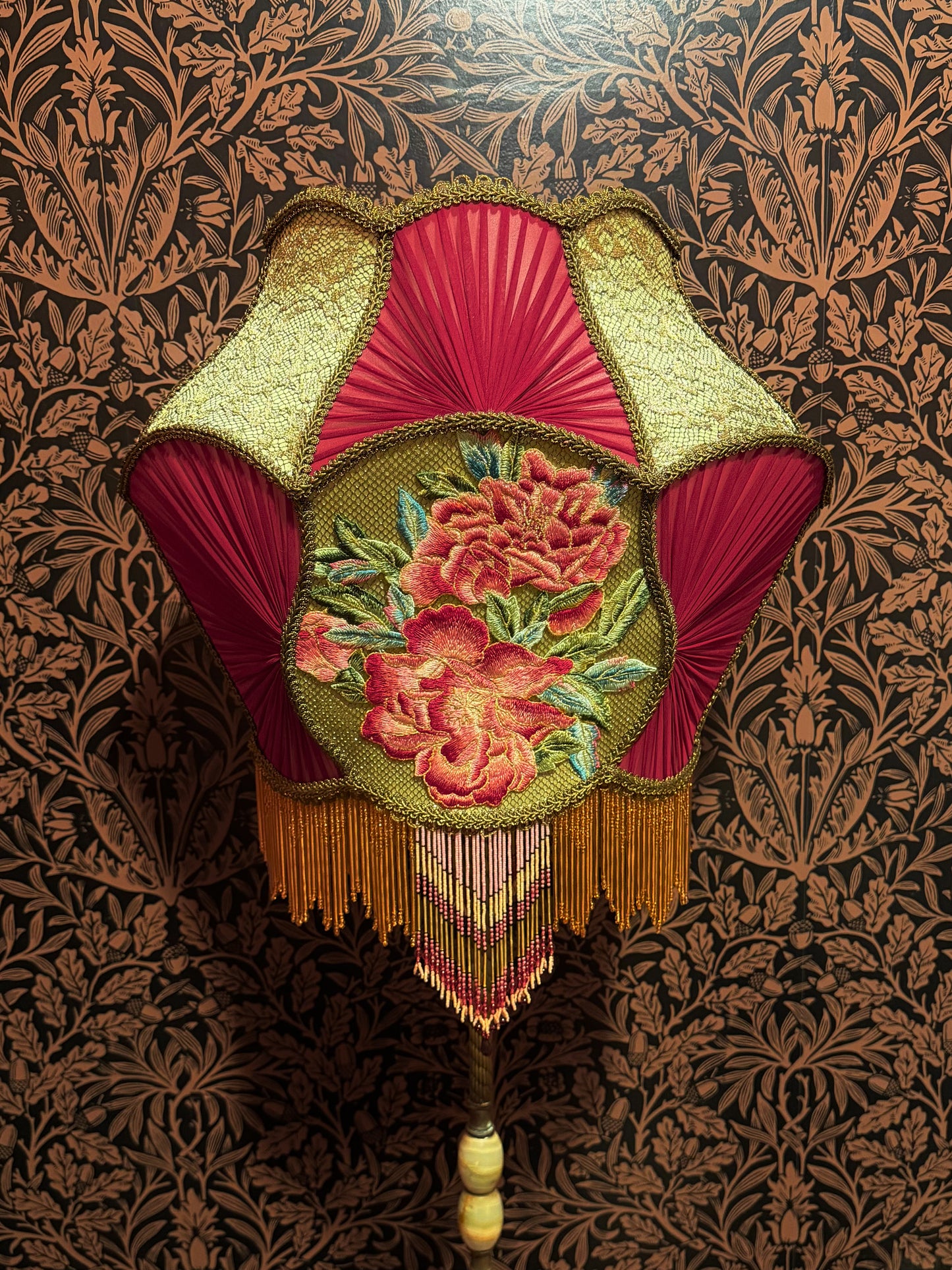 Spring Green, Red, Pink & Gold Pleated Peony Lampshade