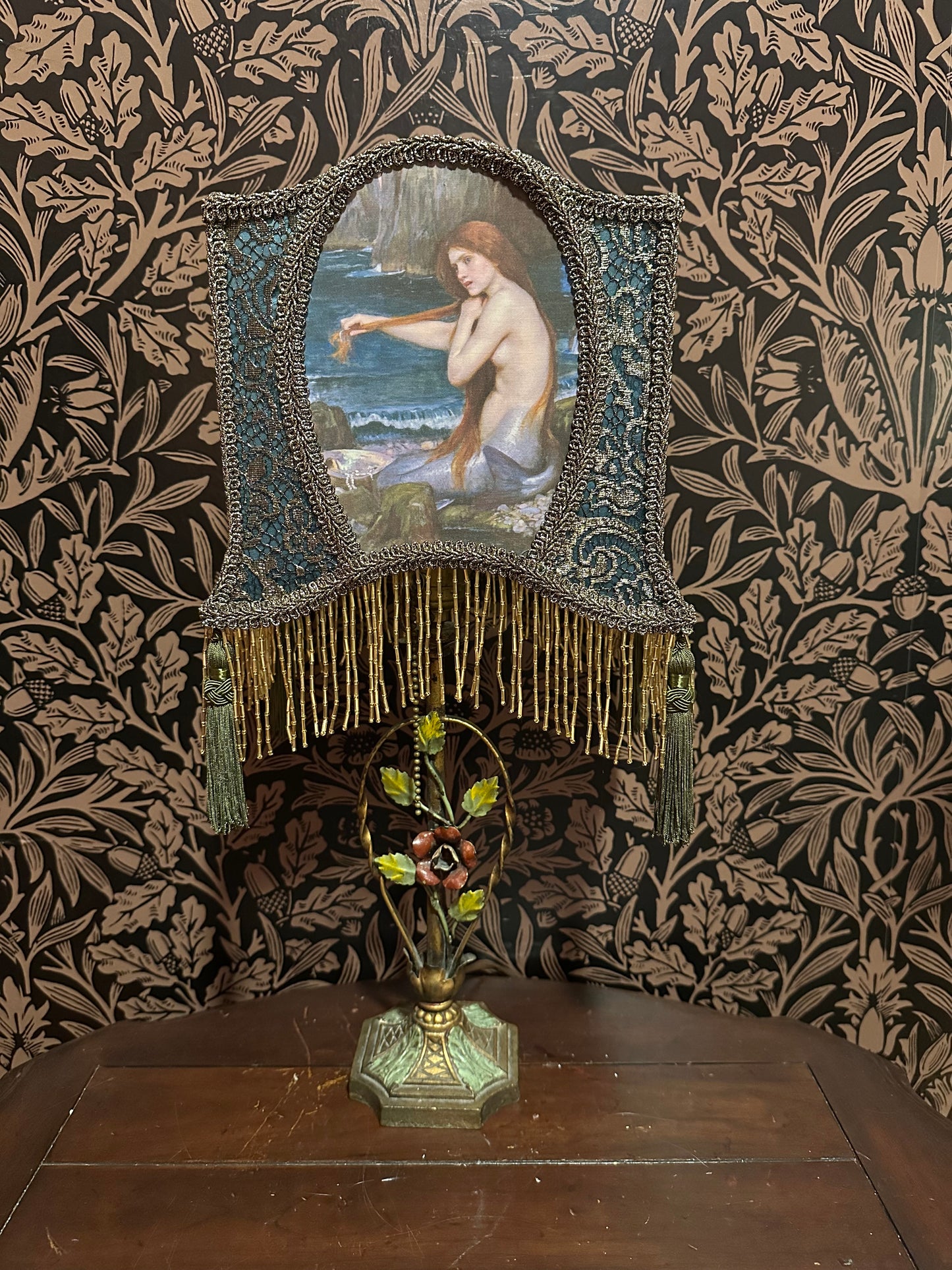 Permanent Stock Collection: Teal, Olive & Gold Pre-Raphaelite "Horse Shoe" Lampshade