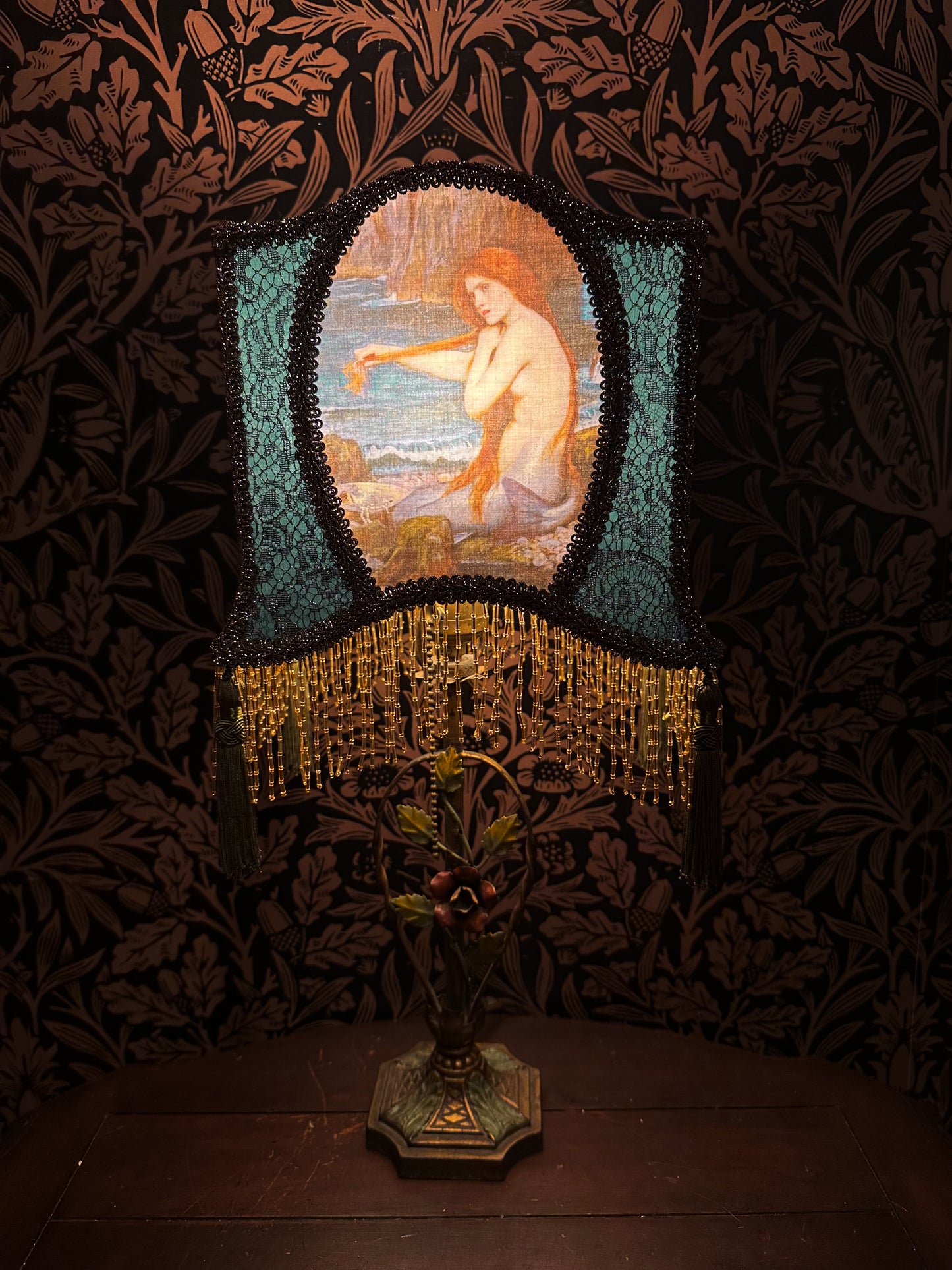 Teal, Olive & Gold Pre-Raphaelite "Horse Shoe" Lampshade