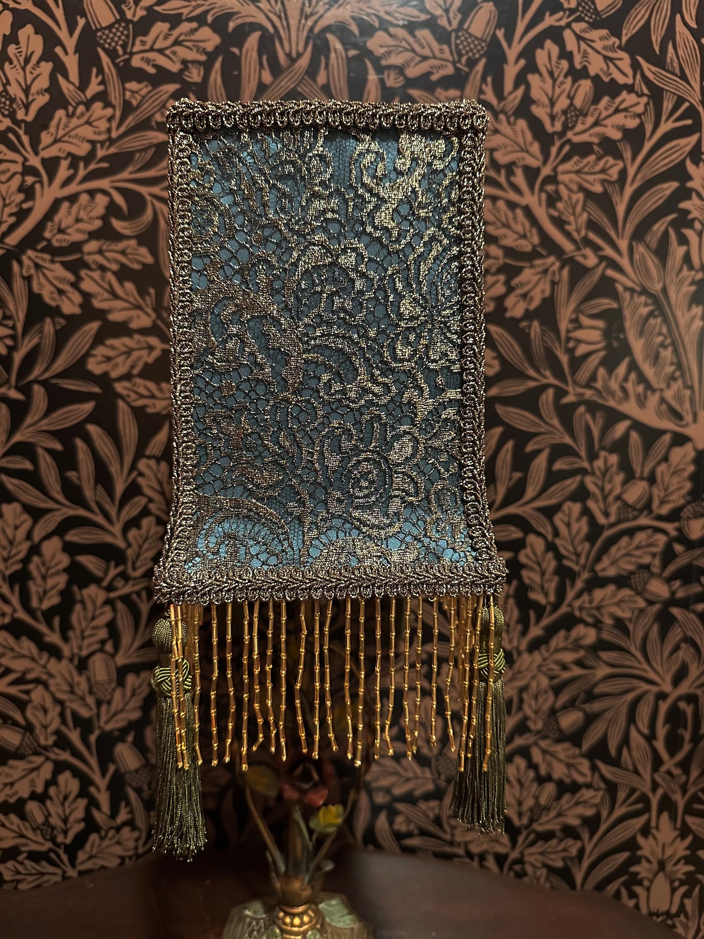 Permanent Stock Collection: Teal, Olive & Gold Pre-Raphaelite "Horse Shoe" Lampshade