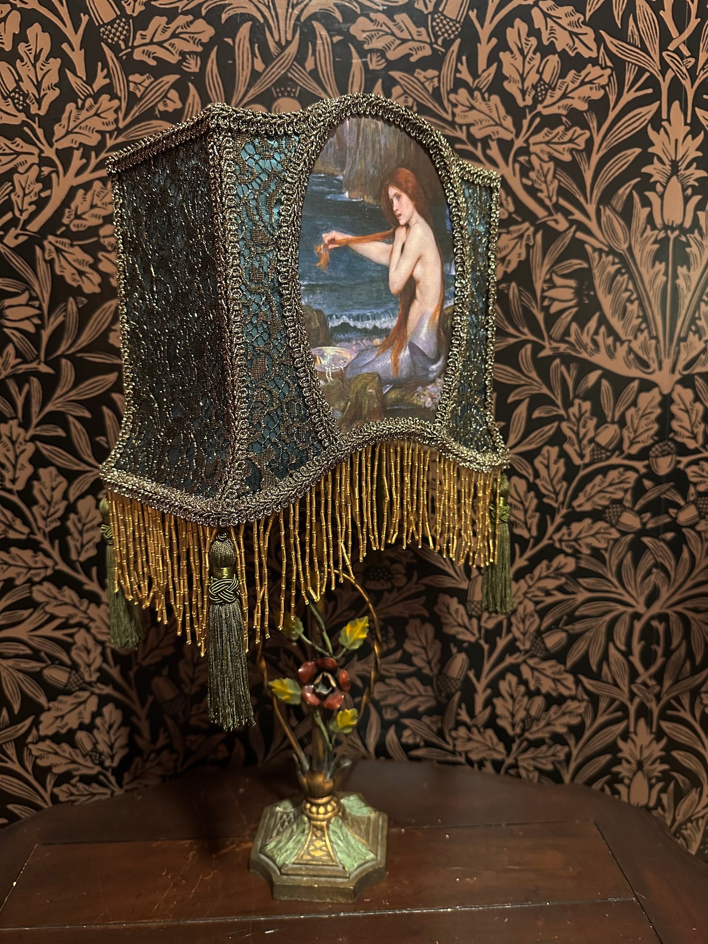 Permanent Stock Collection: Teal, Olive & Gold Pre-Raphaelite "Horse Shoe" Lampshade