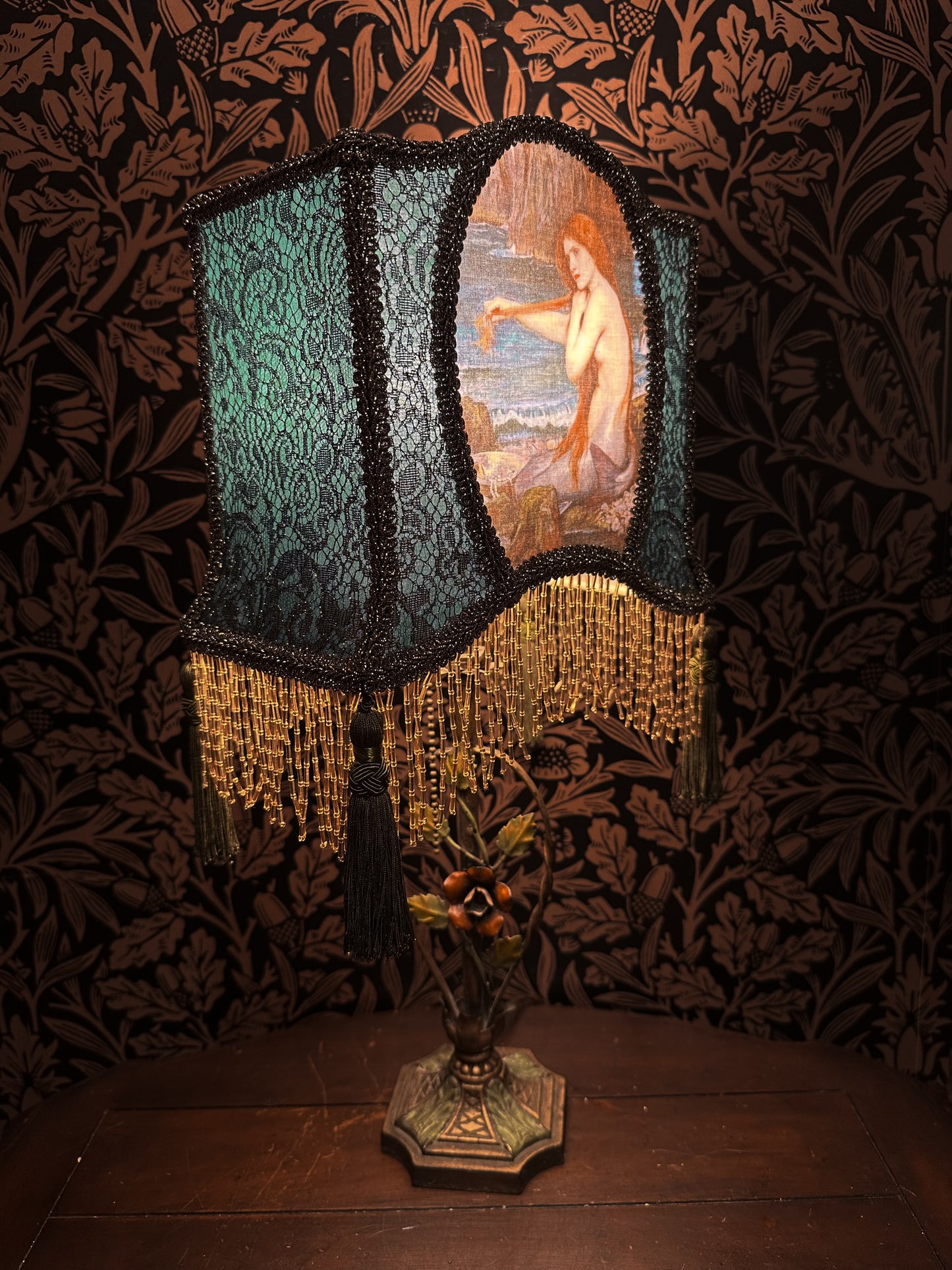 Permanent Stock Collection: Teal, Olive & Gold Pre-Raphaelite "Horse Shoe" Lampshade