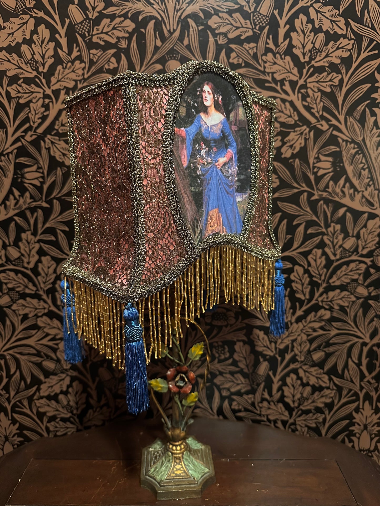 Rose, Blue & Gold Pre-Raphaelite "Horse Shoe" Lampshade