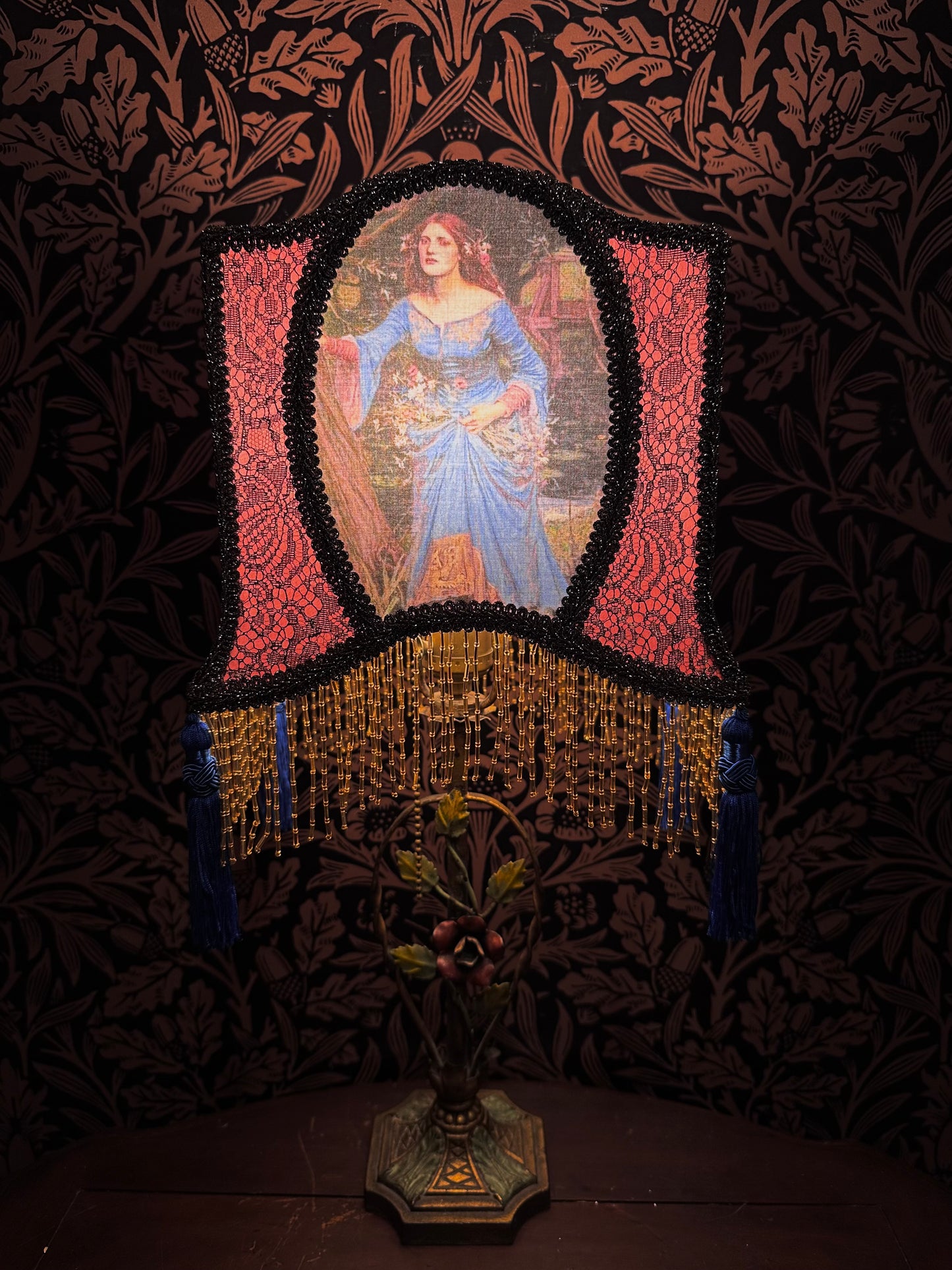 Rose, Blue & Gold Pre-Raphaelite "Horse Shoe" Lampshade