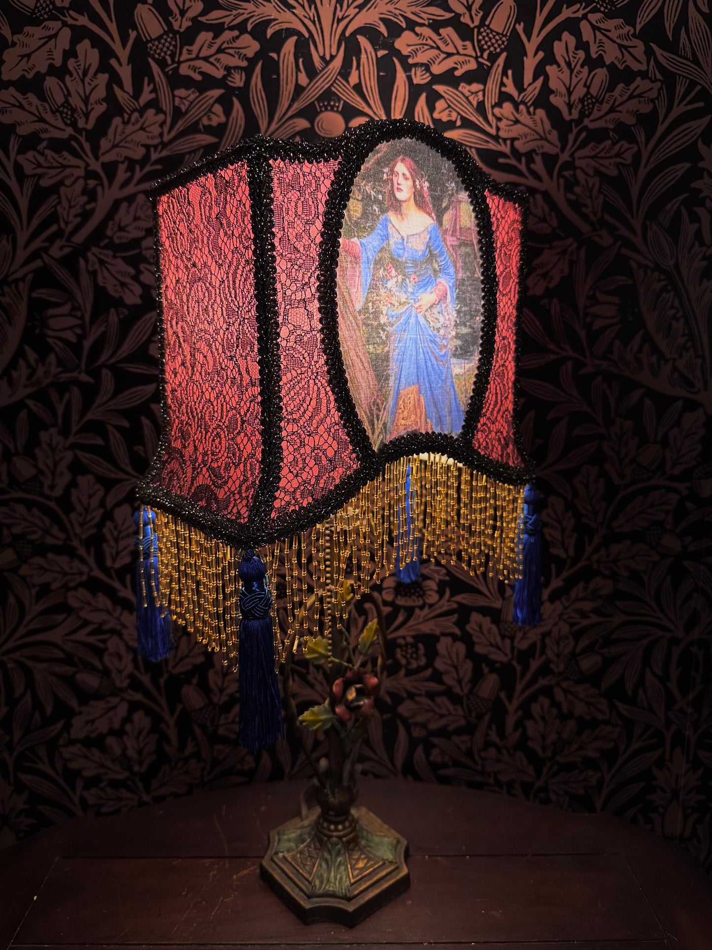 Rose, Blue & Gold Pre-Raphaelite "Horse Shoe" Lampshade