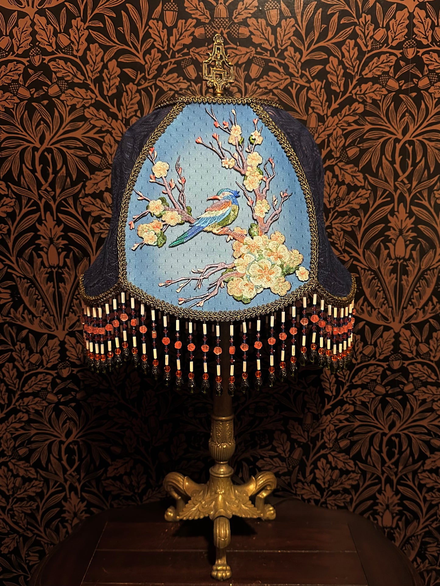 Multicolored Bird & Cherry Blossom "Jon" Lampshade with Hand-Beaded Fringe