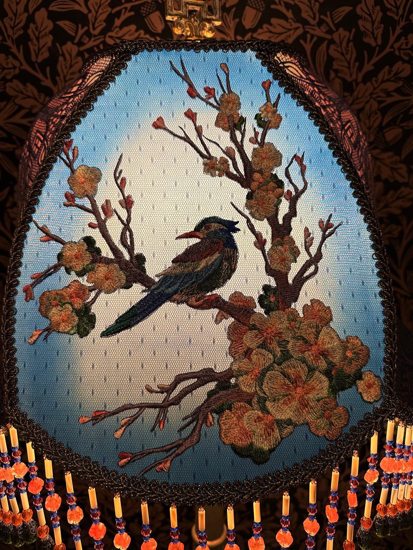 Multicolored Bird & Cherry Blossom "Jon" Lampshade with Hand-Beaded Fringe