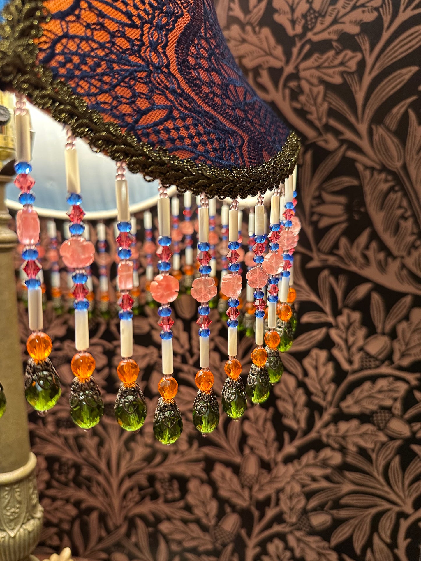 Multicolored Bird & Cherry Blossom "Jon" Lampshade with Hand-Beaded Fringe