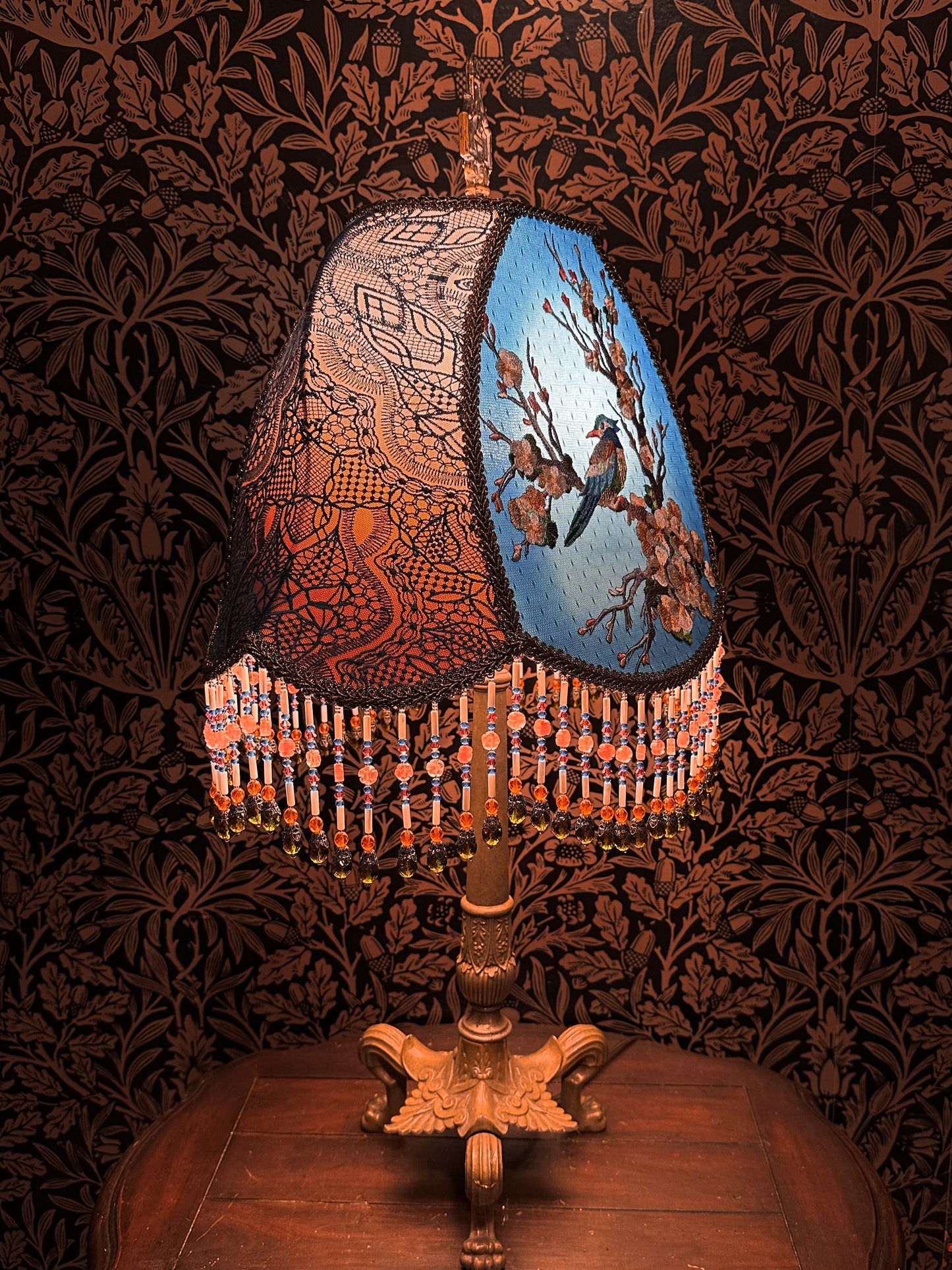 Multicolored Bird & Cherry Blossom "Jon" Lampshade with Hand-Beaded Fringe