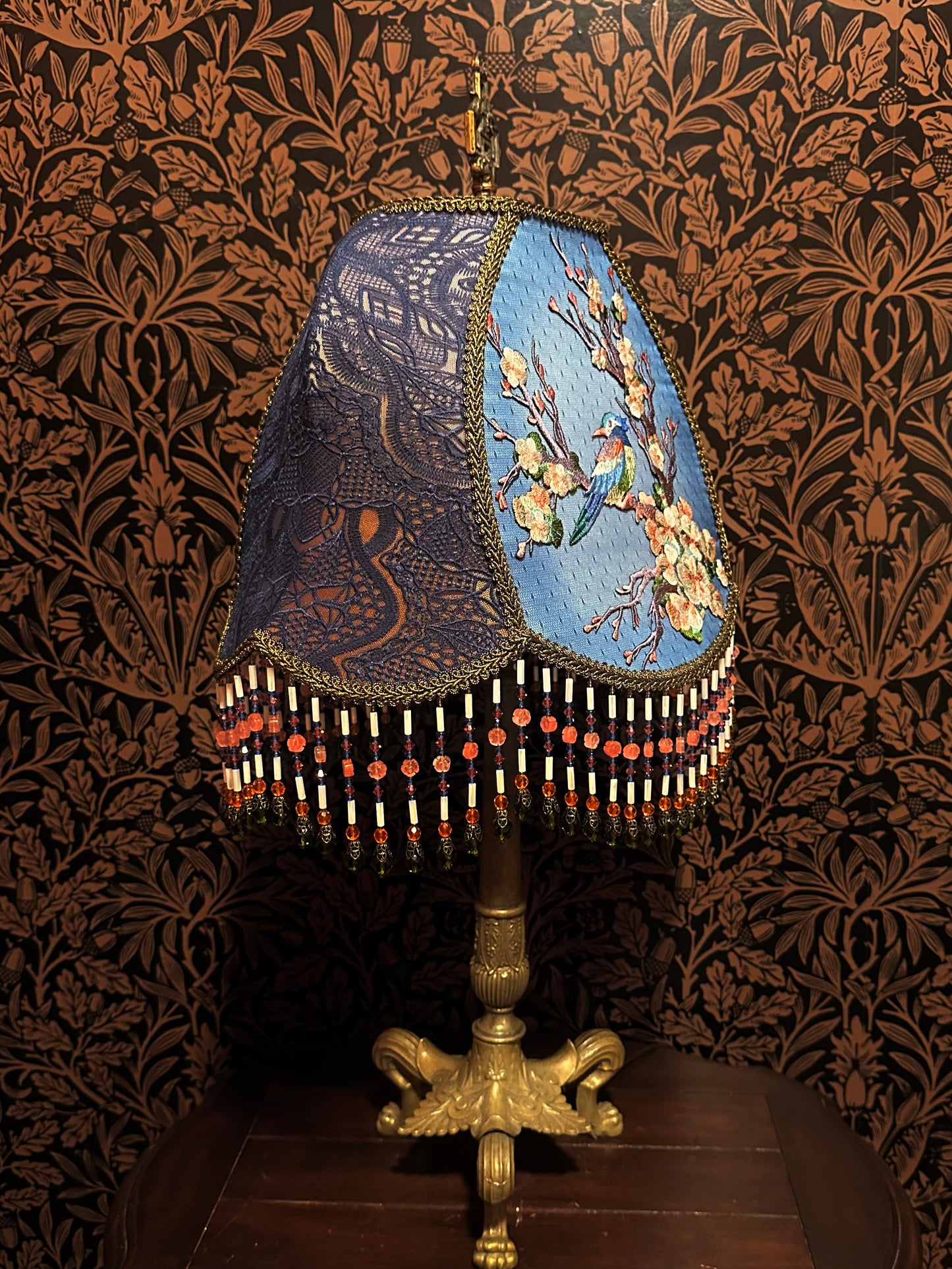 Multicolored Bird & Cherry Blossom "Jon" Lampshade with Hand-Beaded Fringe