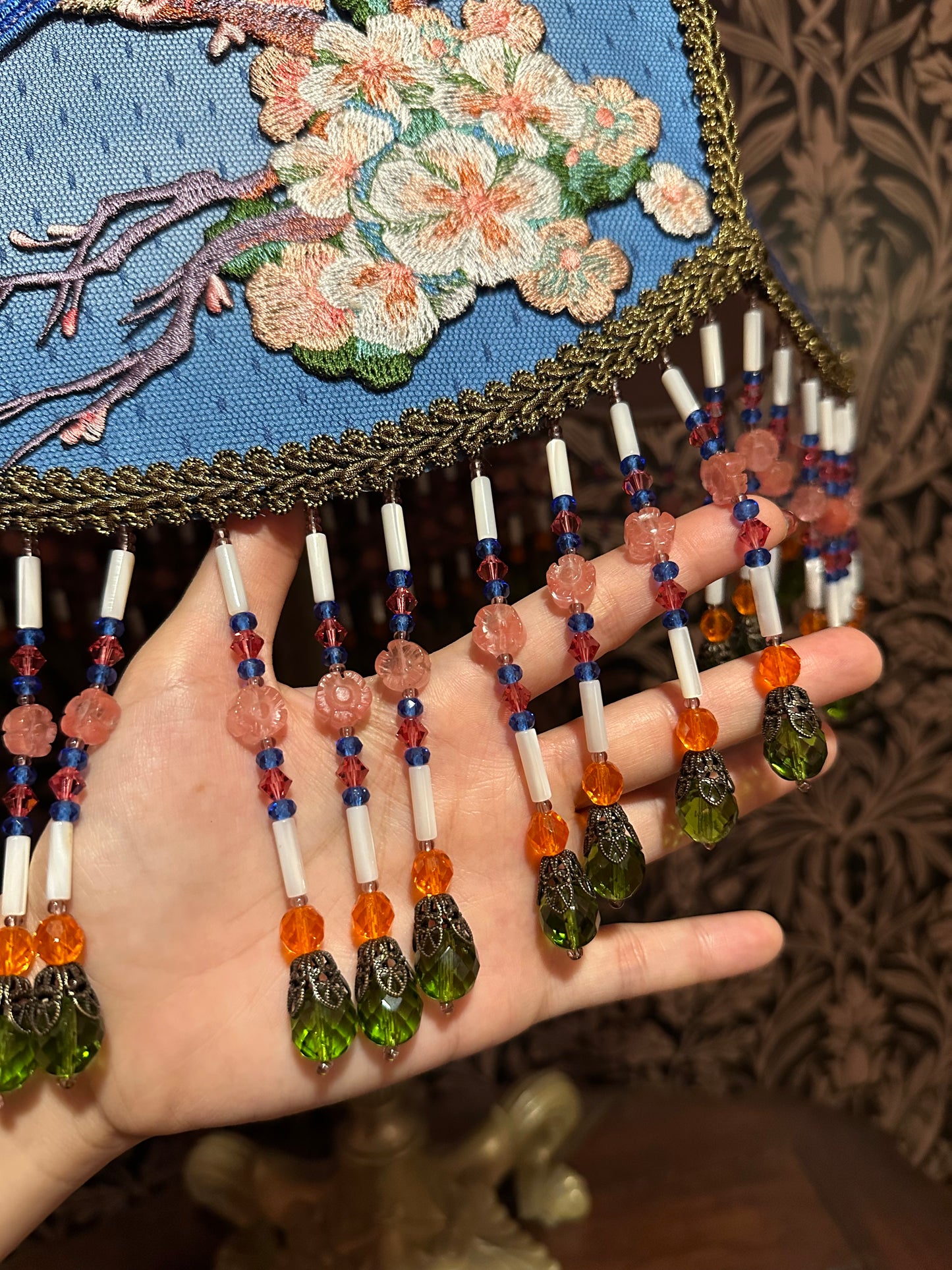 Multicolored Bird & Cherry Blossom "Jon" Lampshade with Hand-Beaded Fringe