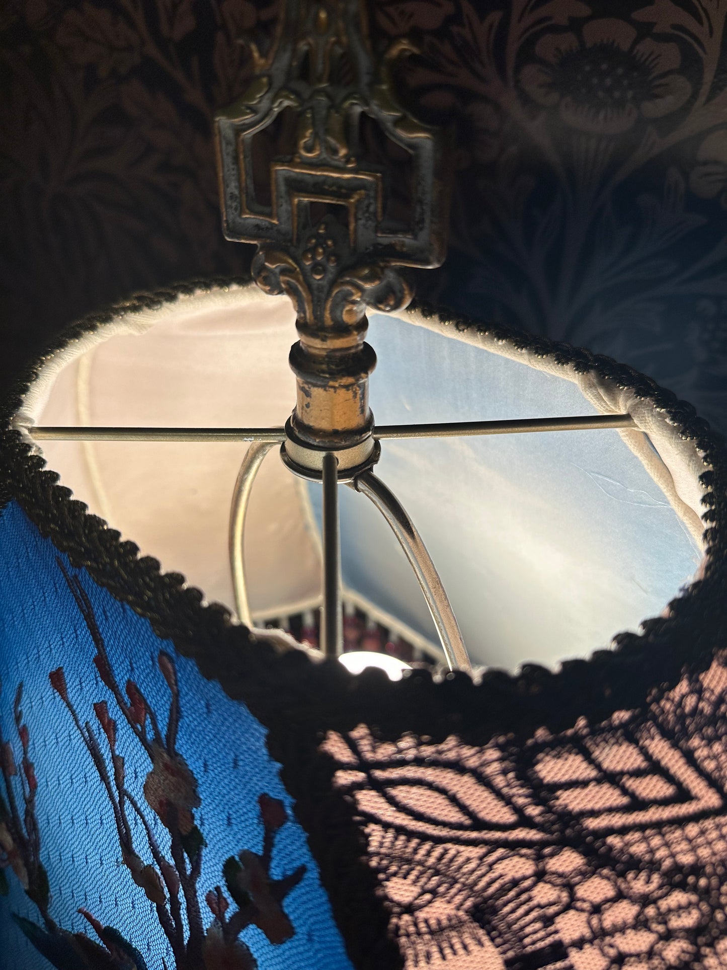 Multicolored Bird & Cherry Blossom "Jon" Lampshade with Hand-Beaded Fringe