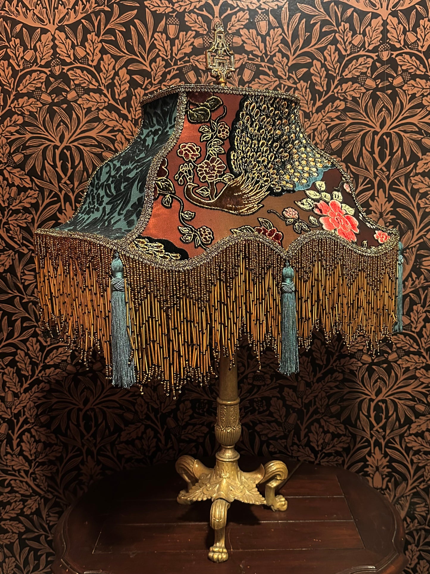 Winter 2025-26 Collection: Vermillion, Teal & Gold Peacock "Large Magic Carpet" Lampshade