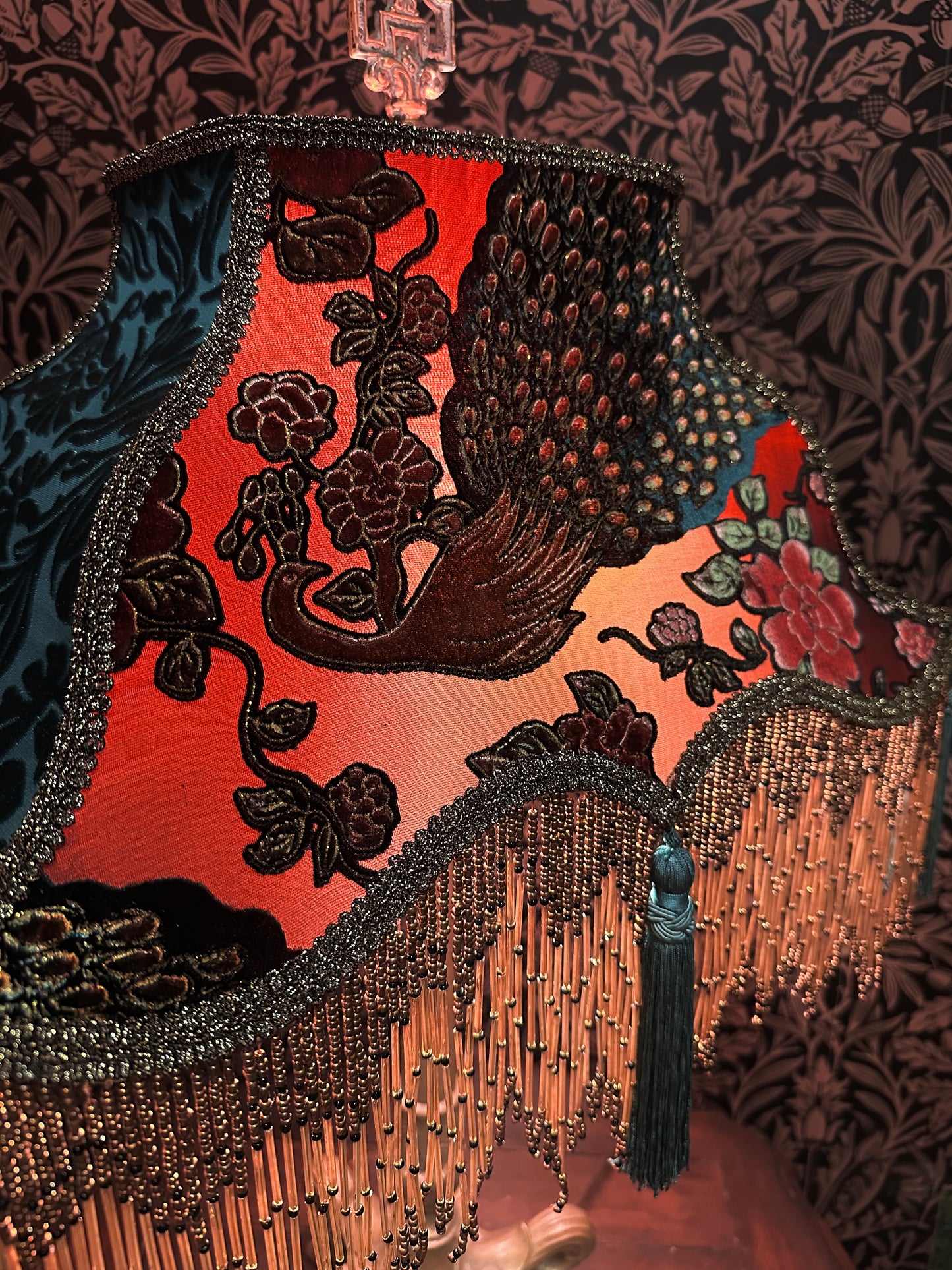 Winter 2025-26 Collection: Vermillion, Teal & Gold Peacock "Large Magic Carpet" Lampshade