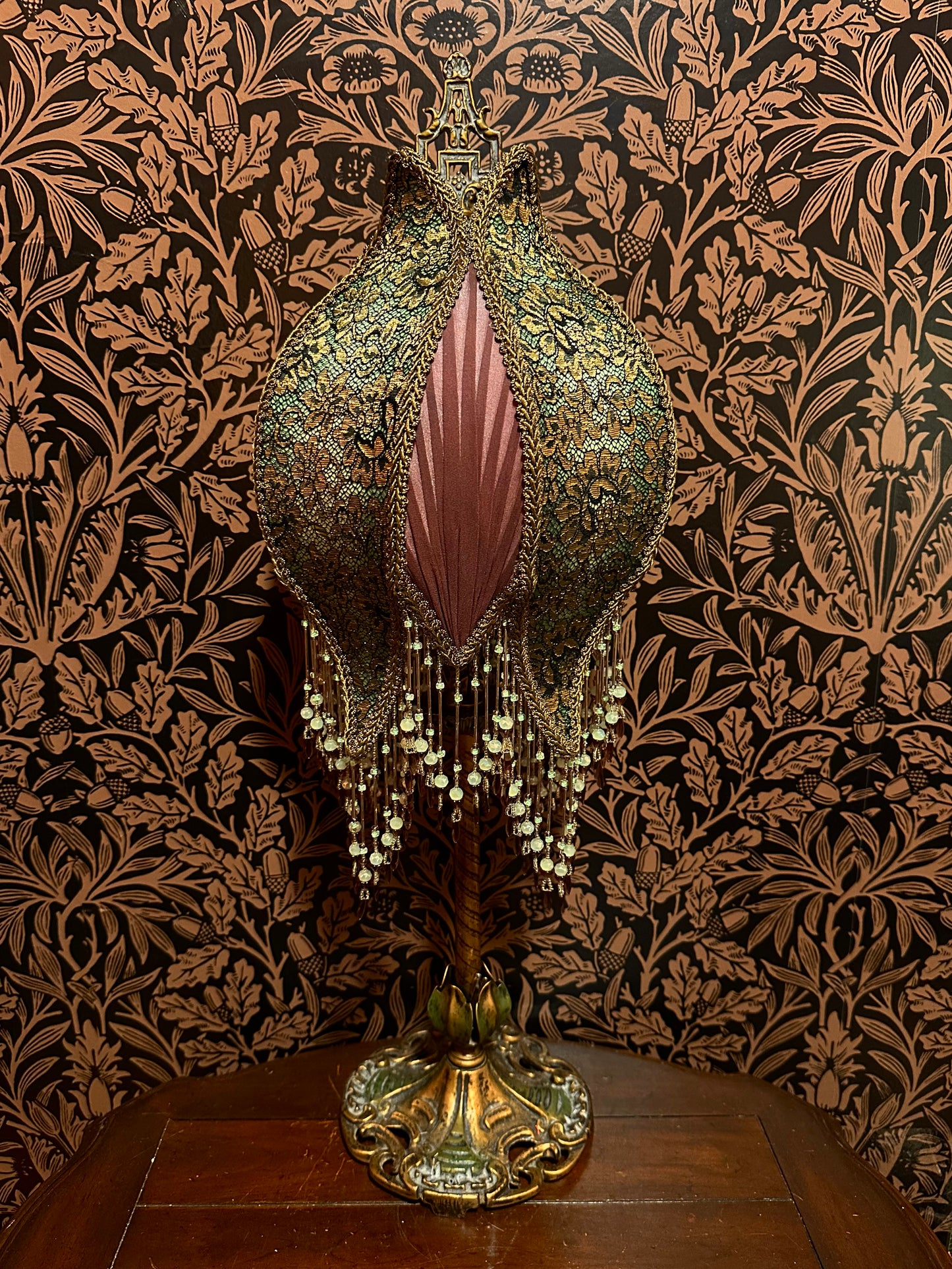 Pastel Green, Mulberry & Gold "Tulip Bulb" Lampshade with Hand-Beaded Fringe
