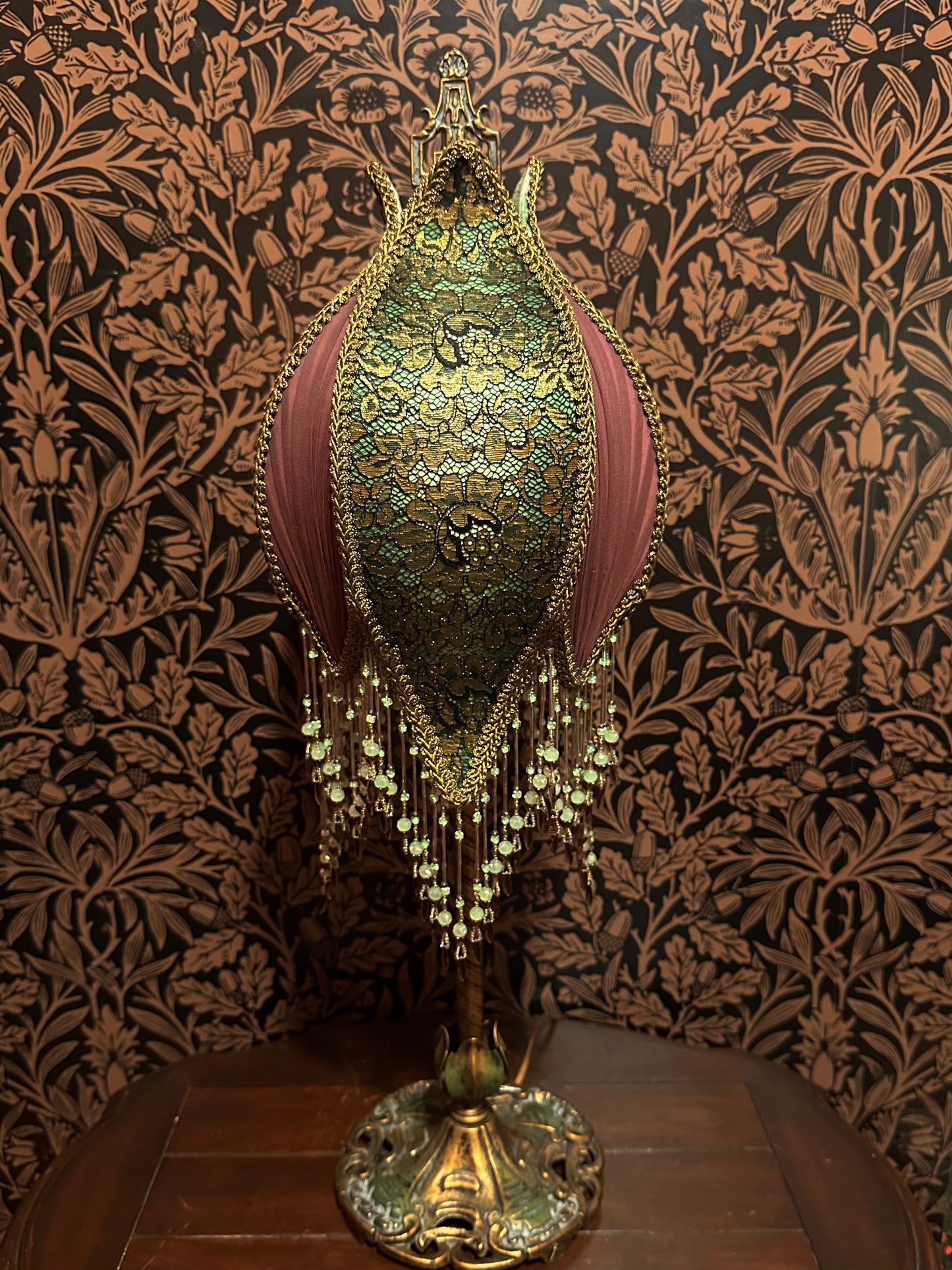 Pastel Green, Mulberry & Gold "Tulip Bulb" Lampshade with Hand-Beaded Fringe