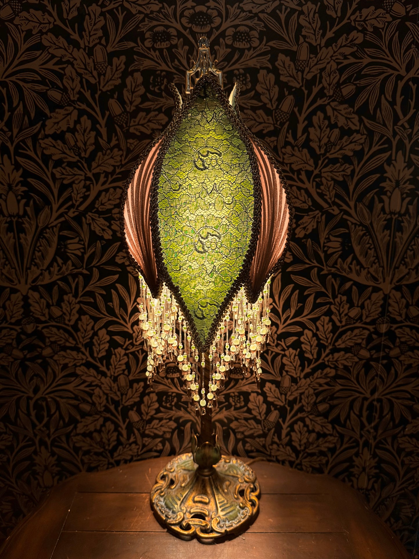 Pastel Green, Mulberry & Gold "Tulip Bulb" Lampshade with Hand-Beaded Fringe