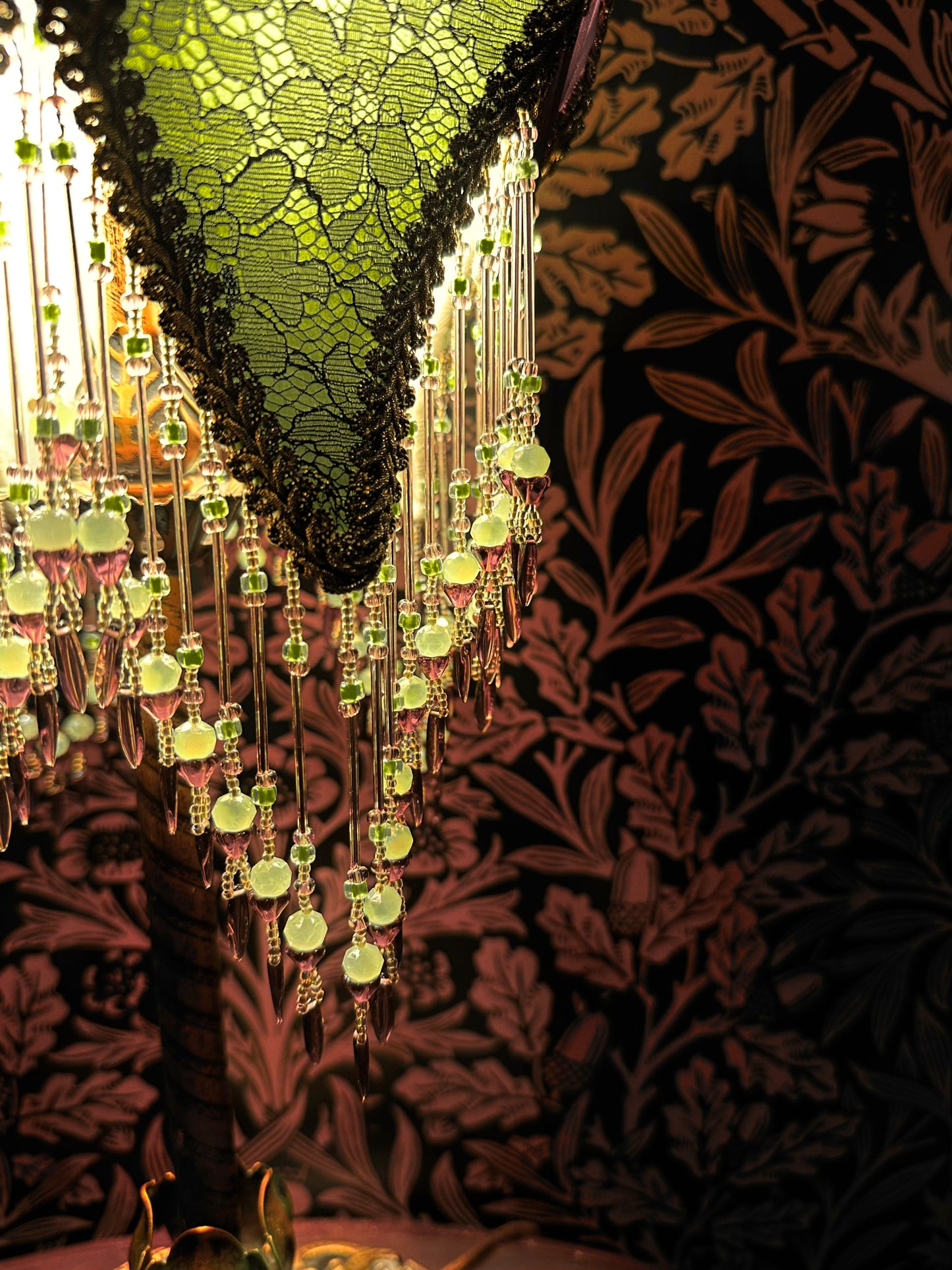 Pastel Green, Mulberry & Gold "Tulip Bulb" Lampshade with Hand-Beaded Fringe