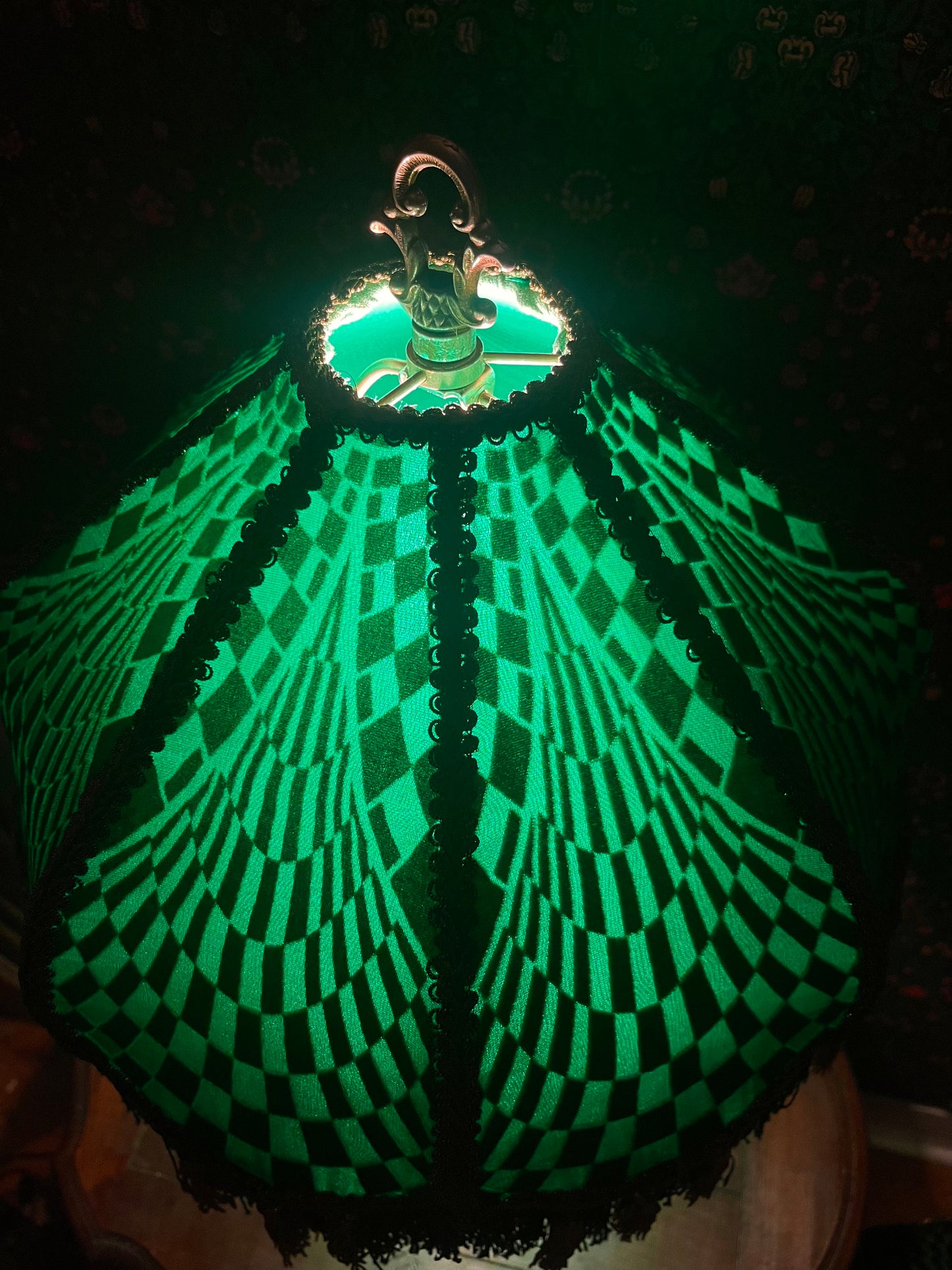 Matching Emerald & Gold Deco-Patterned Lampshade Pair
