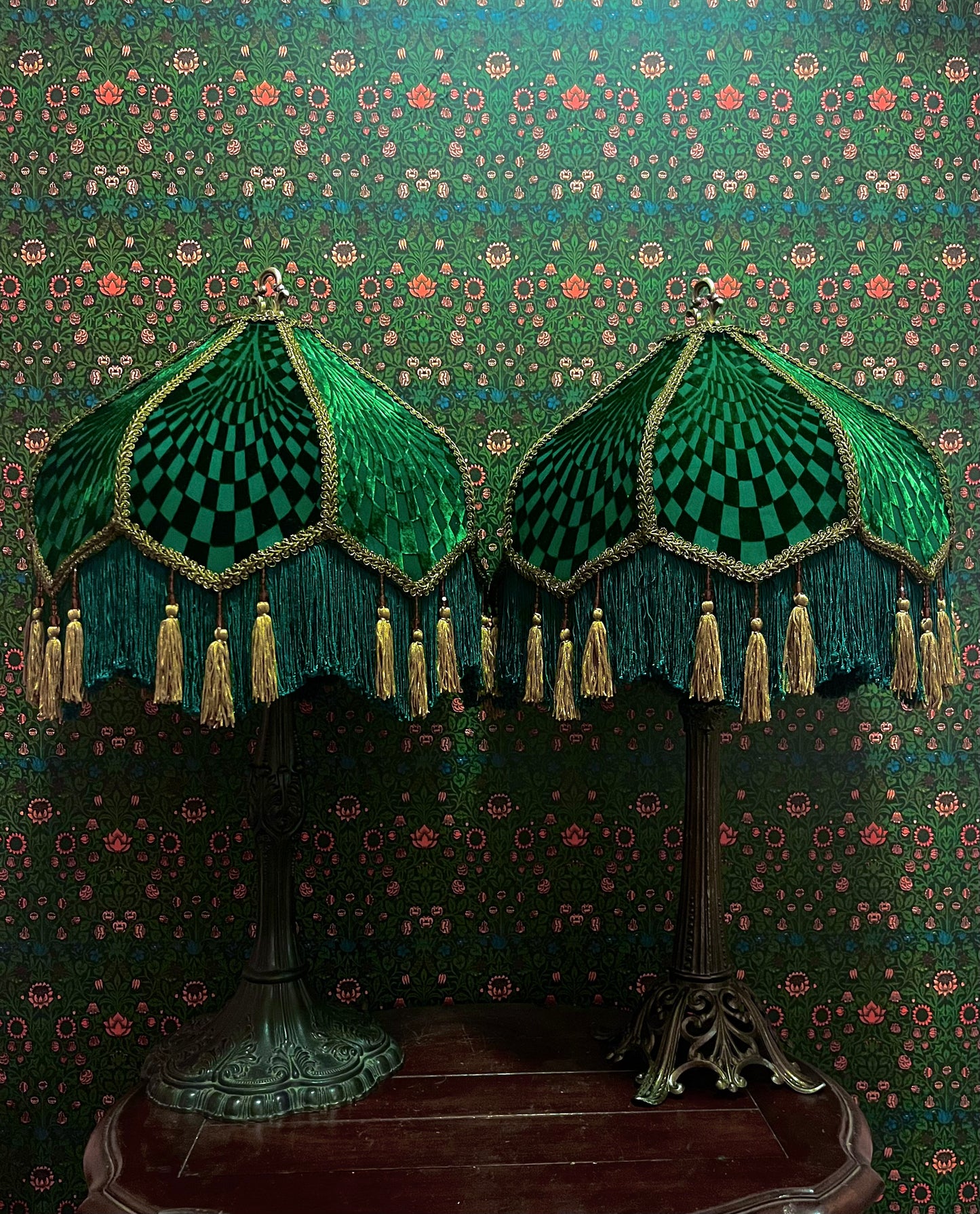 Matching Emerald & Gold Deco-Patterned Lampshade Pair