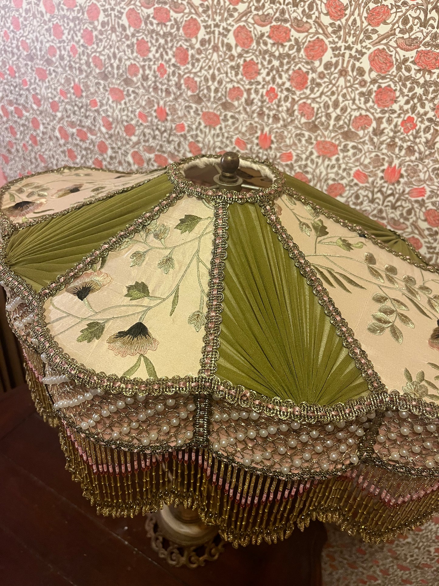 Pink, Olive & Cream Floral Victorian Lampshade