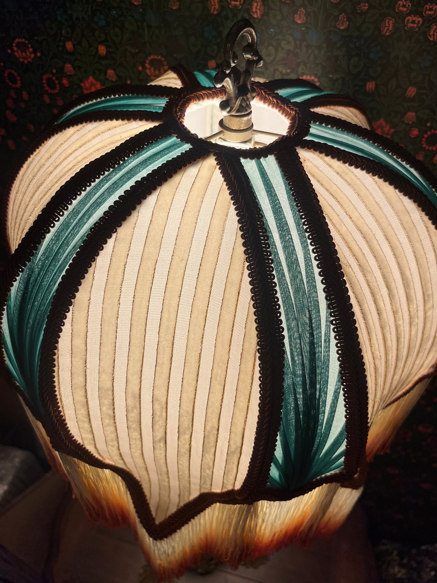 Cream, Rust & Sea Green Striped Lampshade Pair