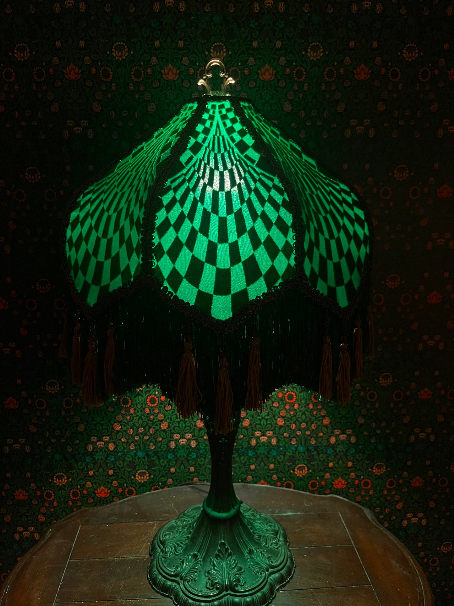 Matching Emerald & Gold Deco-Patterned Lampshade Pair