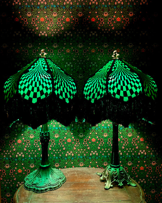 Matching Emerald & Gold Deco-Patterned Lampshade Pair