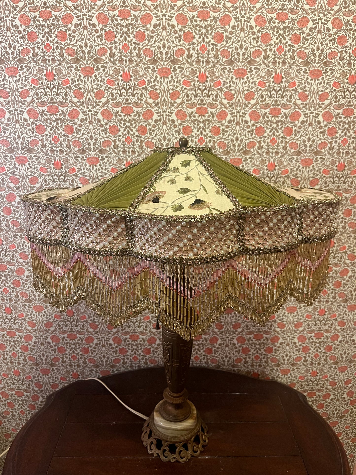 Pink, Olive & Cream Floral Victorian Lampshade