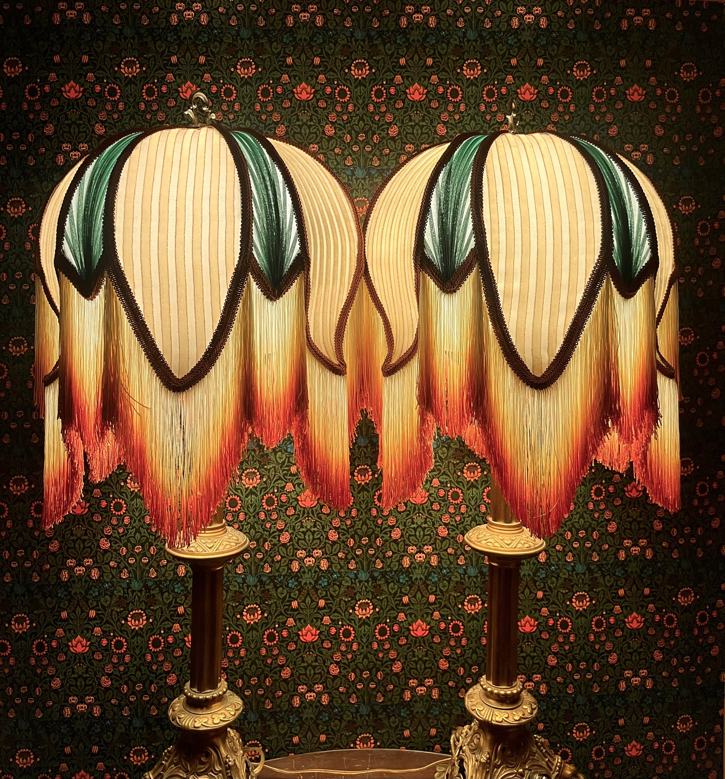 Cream, Rust & Sea Green Striped Lampshade Pair