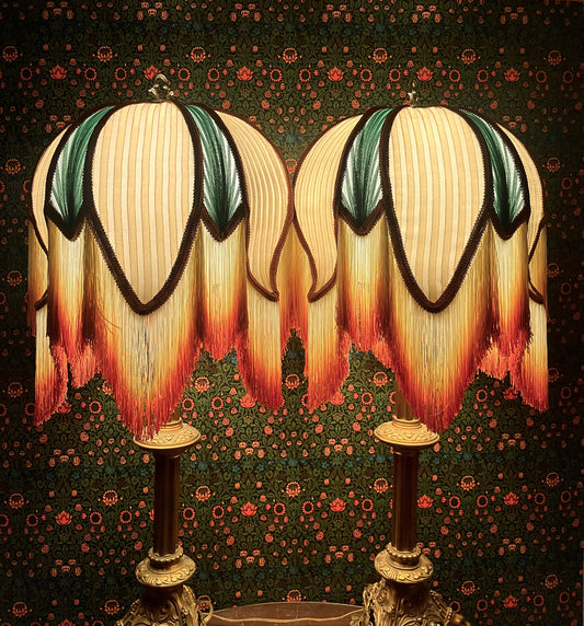 Cream, Rust & Sea Green Striped Lampshade Pair