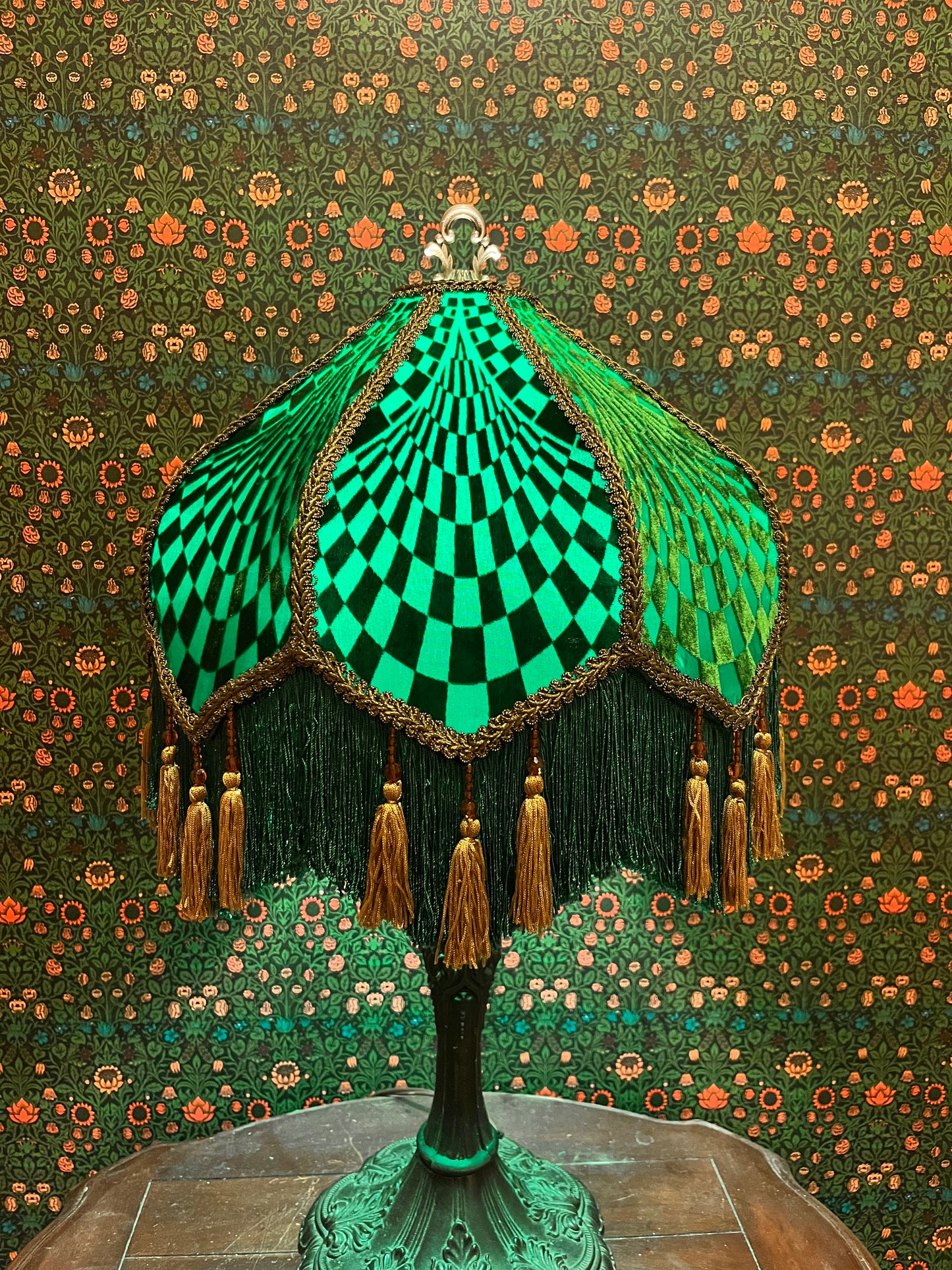 Matching Emerald & Gold Deco-Patterned Lampshade Pair